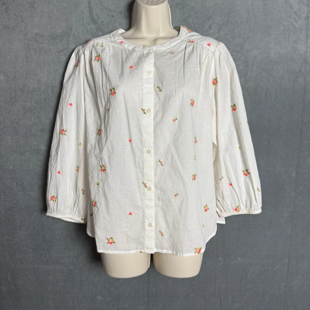 New Old Navy Womens M Tall Embroidered Floral Button Down Blouse Cottagecore